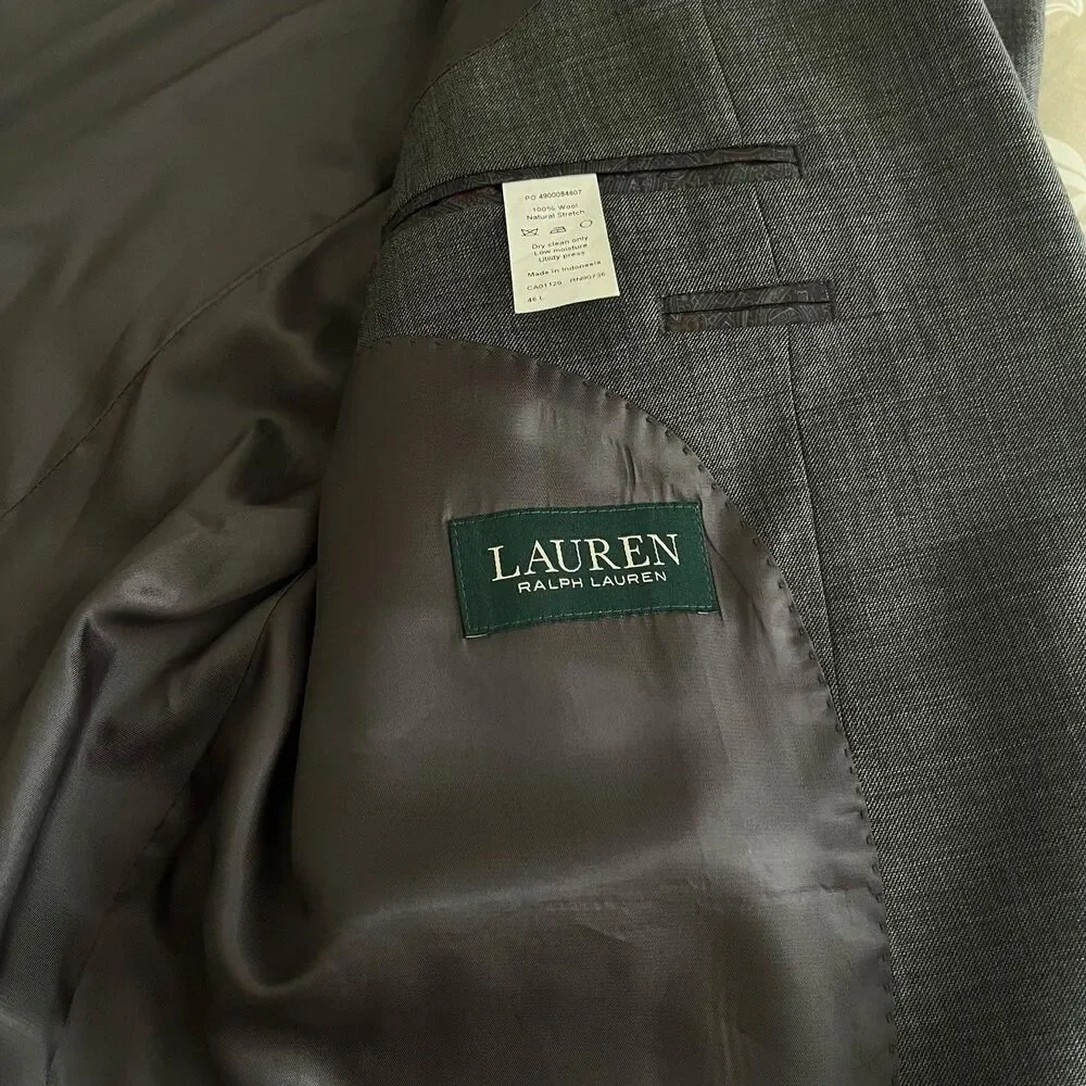 Lauren Ralph Lauren Solid Gray Sport Coat Blazer 2 Button Size 46L Wool EUC